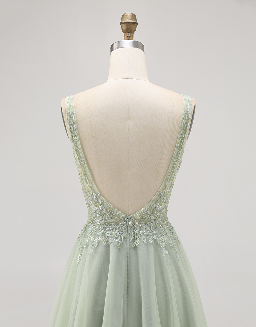 Sparkly Green A Line V-Neck Beaded Tulle Short Homecoming Dress