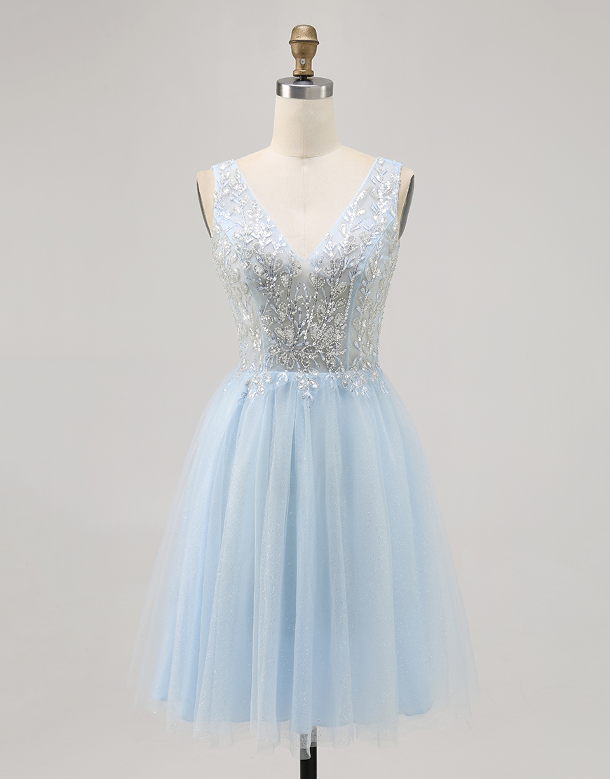 Sparkly Blue A Line V-Neck Short Tulle Homecoming Dress with Beading