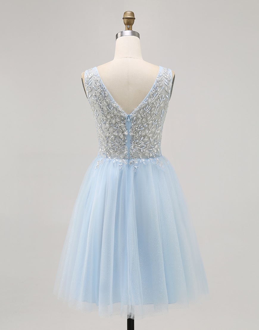 Sparkly Blue A Line V-Neck Short Tulle Homecoming Dress with Beading