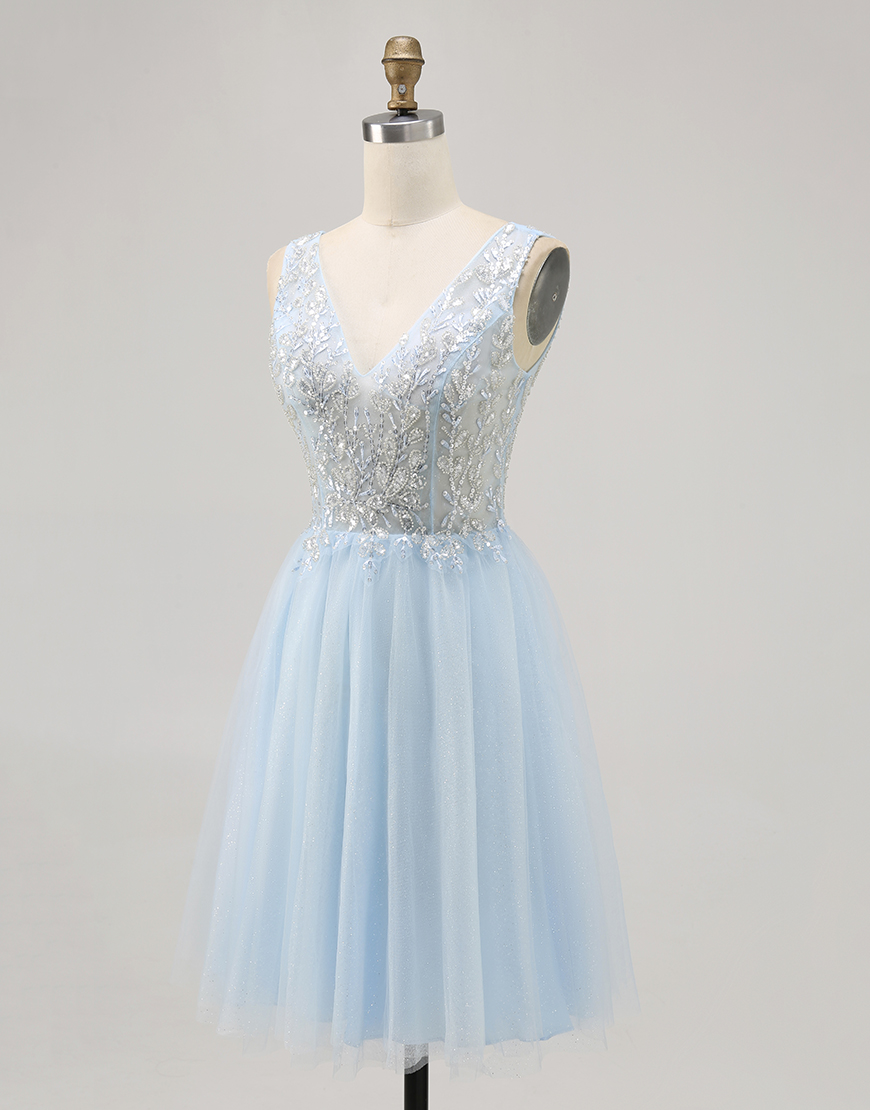 Sparkly Blue A Line V-Neck Short Tulle Homecoming Dress with Beading