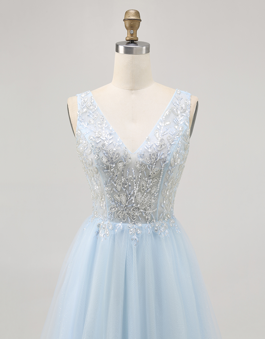 Sparkly Blue A Line V-Neck Short Tulle Homecoming Dress with Beading