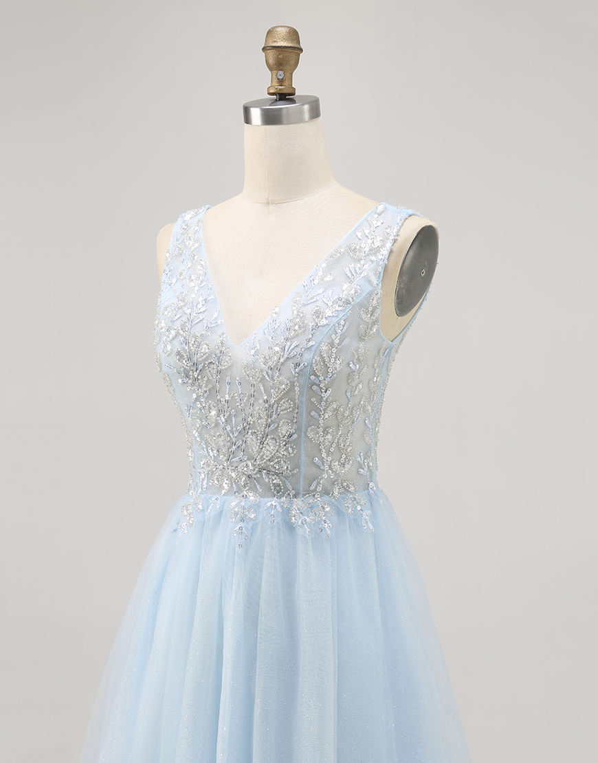 Sparkly Blue A Line V-Neck Short Tulle Homecoming Dress with Beading