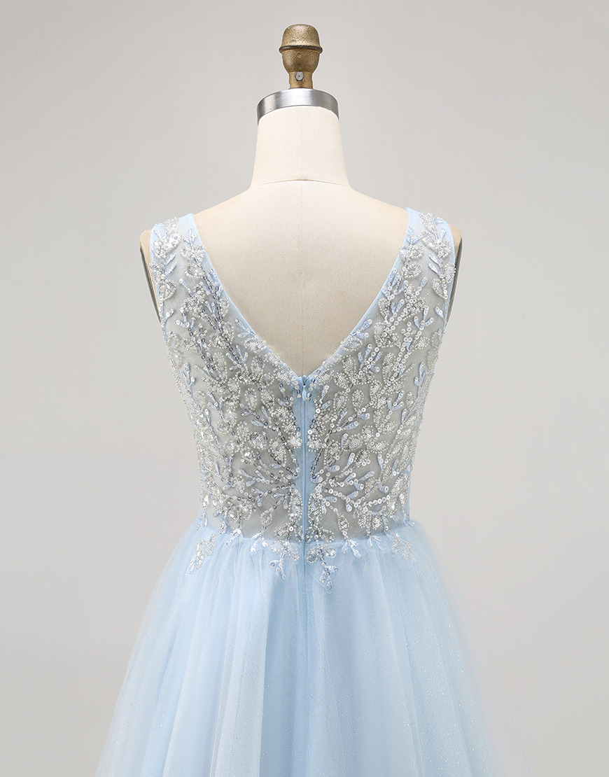 Sparkly Blue A Line V-Neck Short Tulle Homecoming Dress with Beading