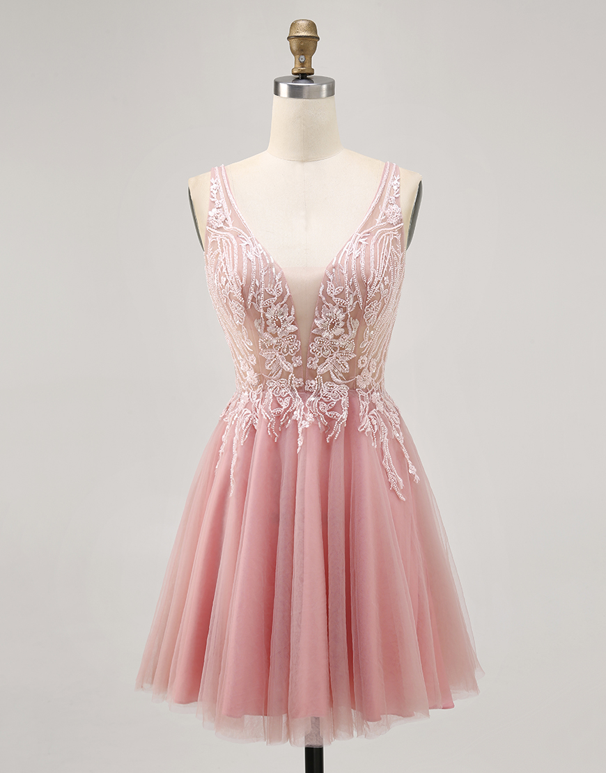 Sparkly Blush Beaded V-Neck Short Tulle Homecoming Dress