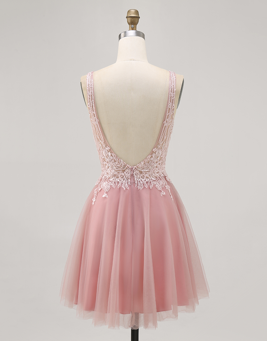 Sparkly Blush Beaded V-Neck Short Tulle Homecoming Dress