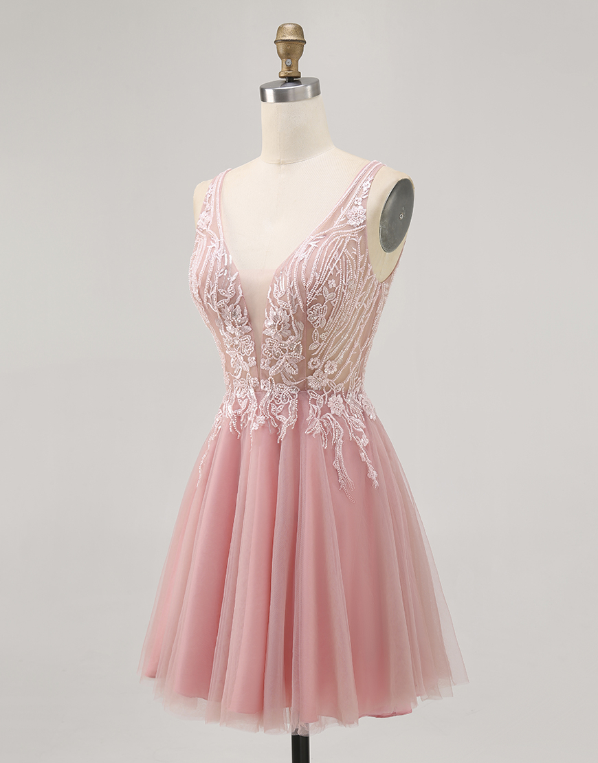 Sparkly Blush Beaded V-Neck Short Tulle Homecoming Dress