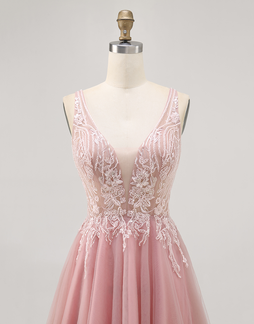Sparkly Blush Beaded V-Neck Short Tulle Homecoming Dress