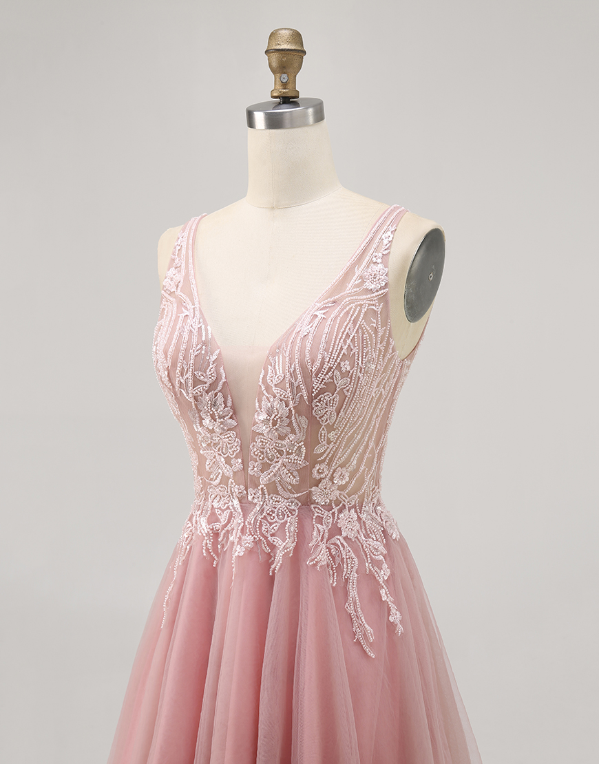 Sparkly Blush Beaded V-Neck Short Tulle Homecoming Dress
