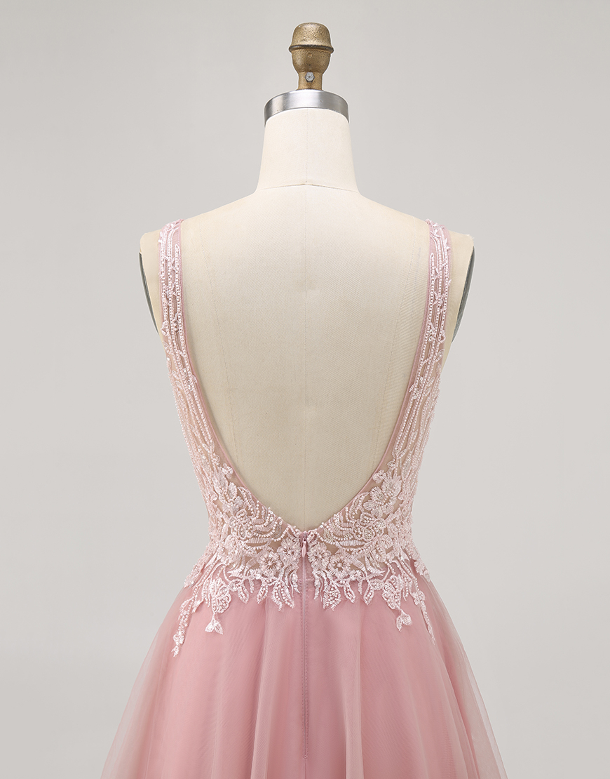 Sparkly Blush Beaded V-Neck Short Tulle Homecoming Dress