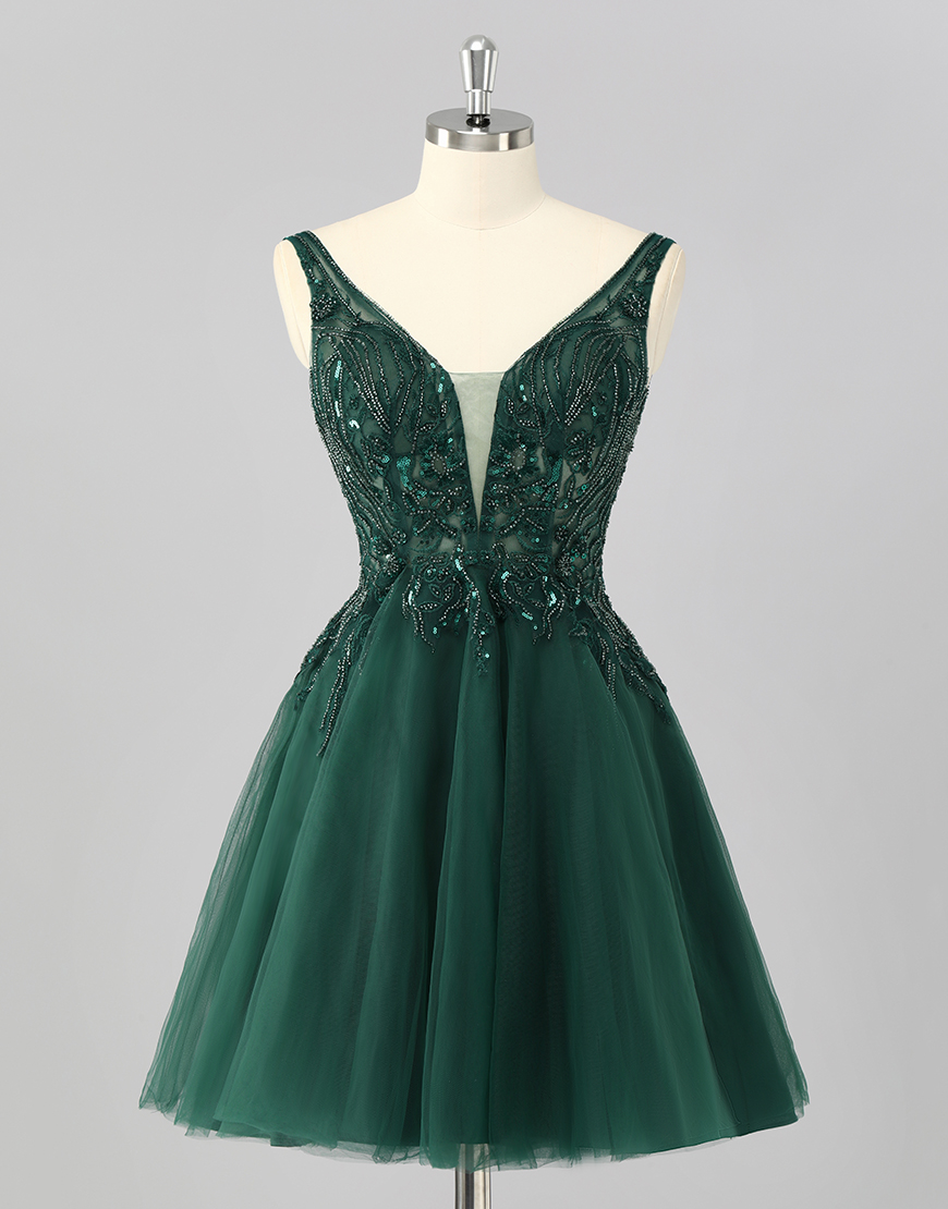 Sparkly Dark Green A Line Short Homecoming Dress with Beading