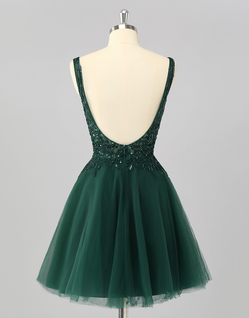 Sparkly Dark Green A Line Short Homecoming Dress with Beading