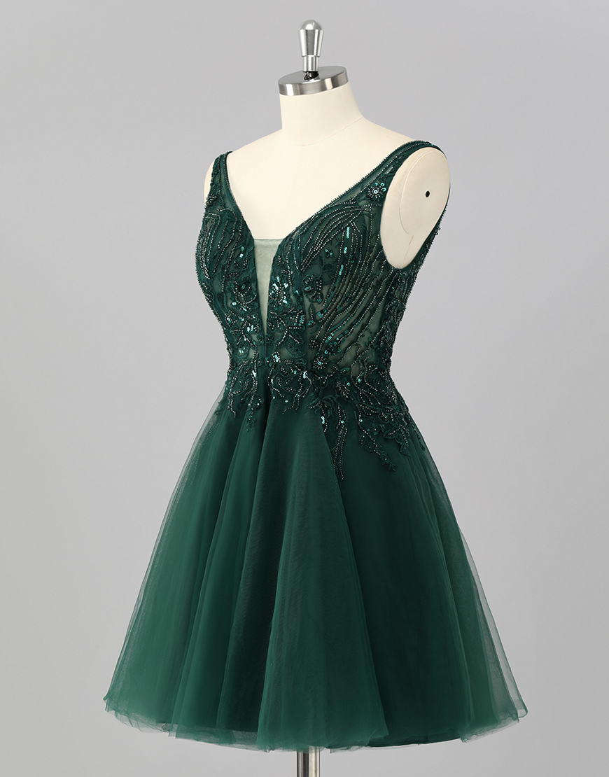 Sparkly Dark Green A Line Short Homecoming Dress with Beading