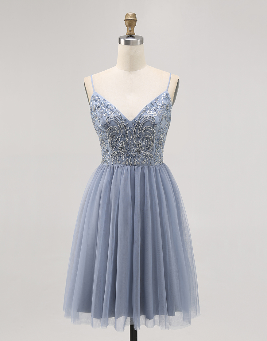 Sparkly Grey Blue A Line Short Tulle Homecoming Dress with Beading