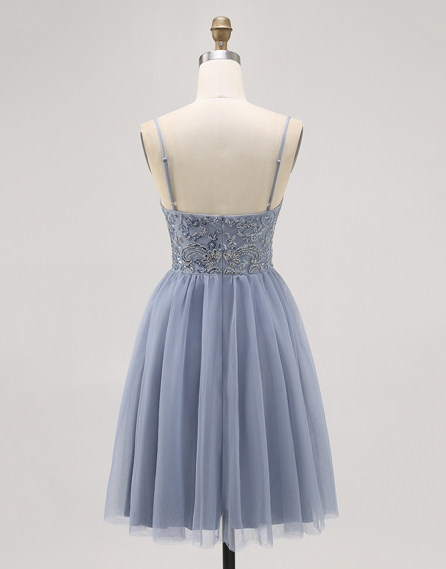 Sparkly Grey Blue A Line Short Tulle Homecoming Dress with Beading