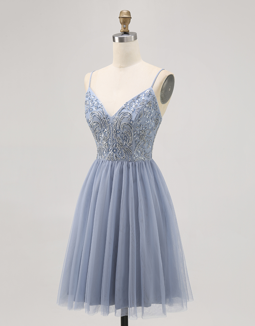 Sparkly Grey Blue A Line Short Tulle Homecoming Dress with Beading