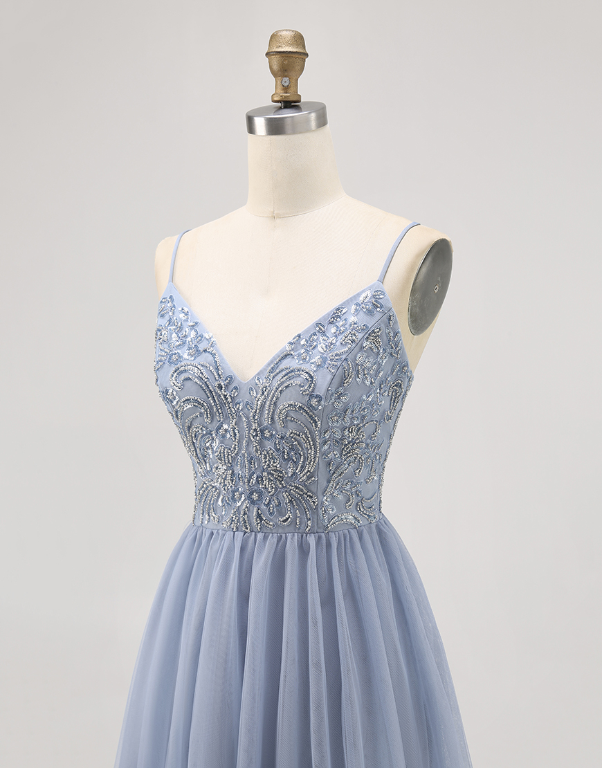 Sparkly Grey Blue A Line Short Tulle Homecoming Dress with Beading