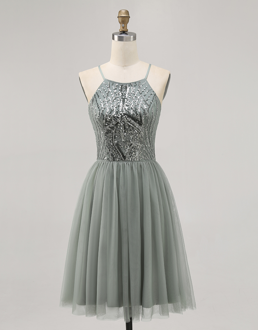 Sparkly Grey Green Halter Short Tulle Homecoming Dress with Beading