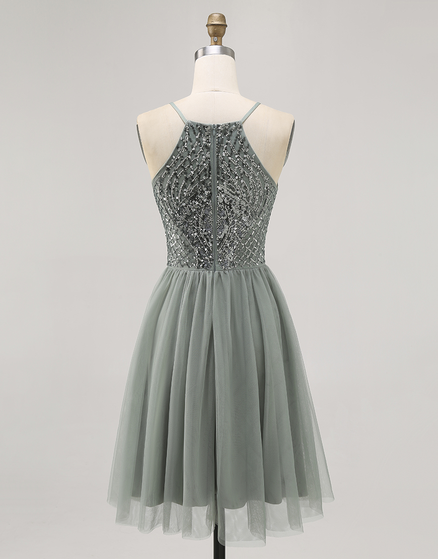 Sparkly Grey Green Halter Short Tulle Homecoming Dress with Beading