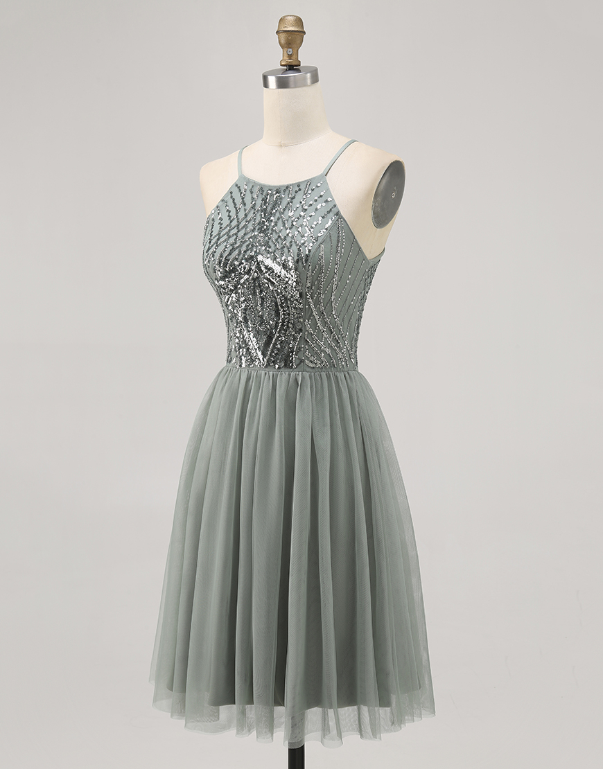 Sparkly Grey Green Halter Short Tulle Homecoming Dress with Beading