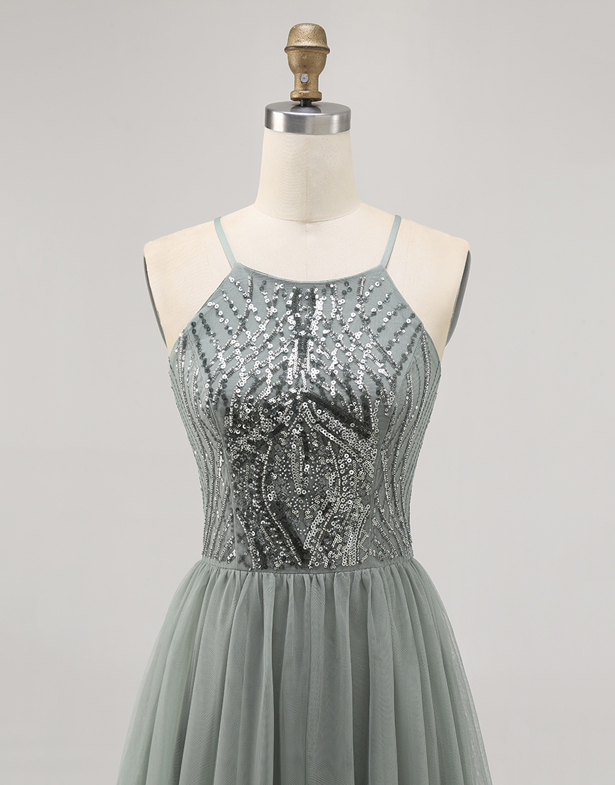 Sparkly Grey Green Halter Short Tulle Homecoming Dress with Beading