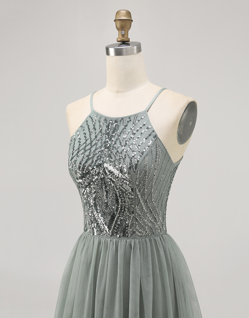 Sparkly Grey Green Halter Short Tulle Homecoming Dress with Beading