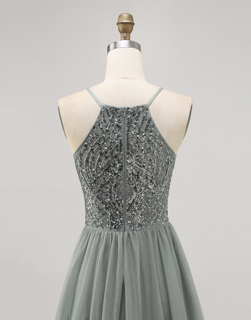 Sparkly Grey Green Halter Short Tulle Homecoming Dress with Beading