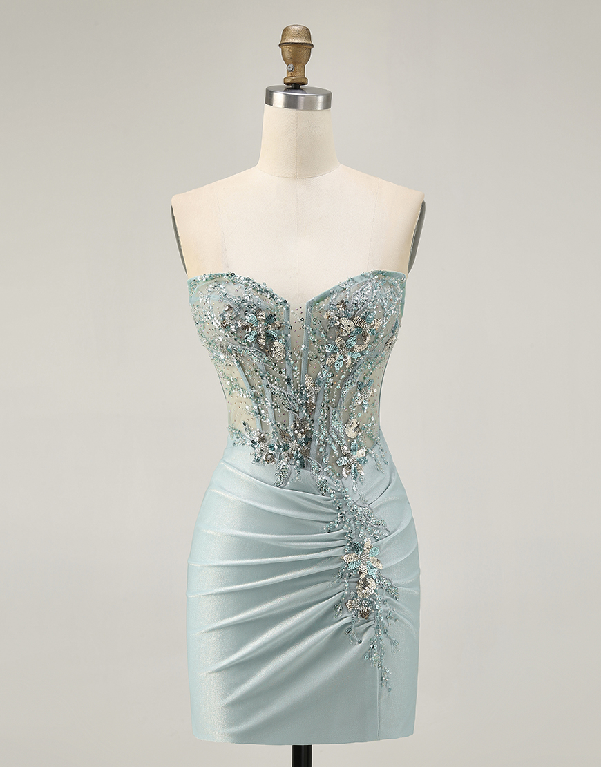 Sparkly Grey Green Tight Short Corset Homecoming Dress with Beading