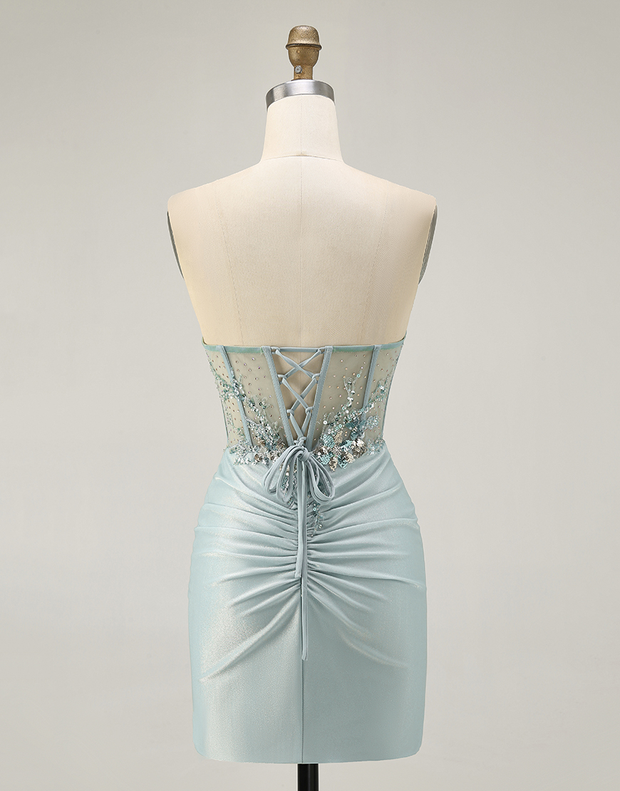 Sparkly Grey Green Tight Short Corset Homecoming Dress with Beading