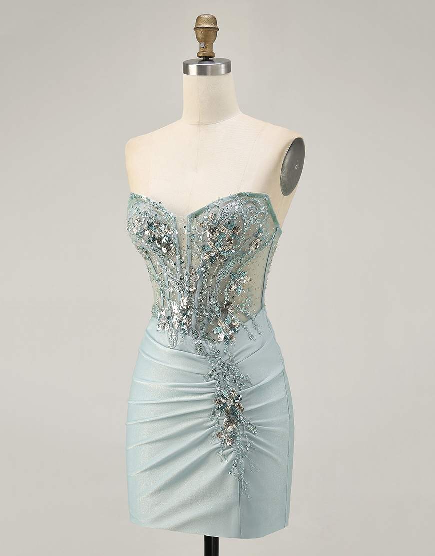 Sparkly Grey Green Tight Short Corset Homecoming Dress with Beading