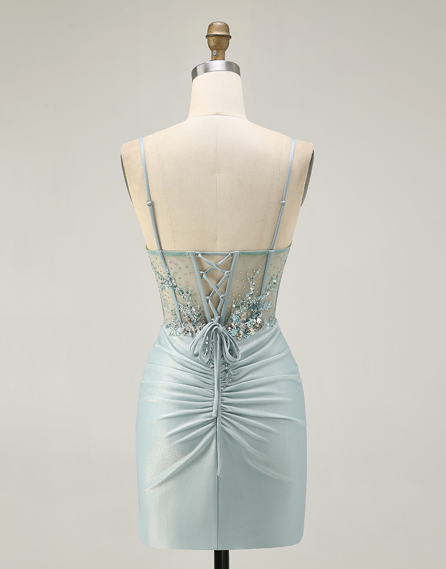 Sparkly Grey Green Tight Short Corset Homecoming Dress with Beading