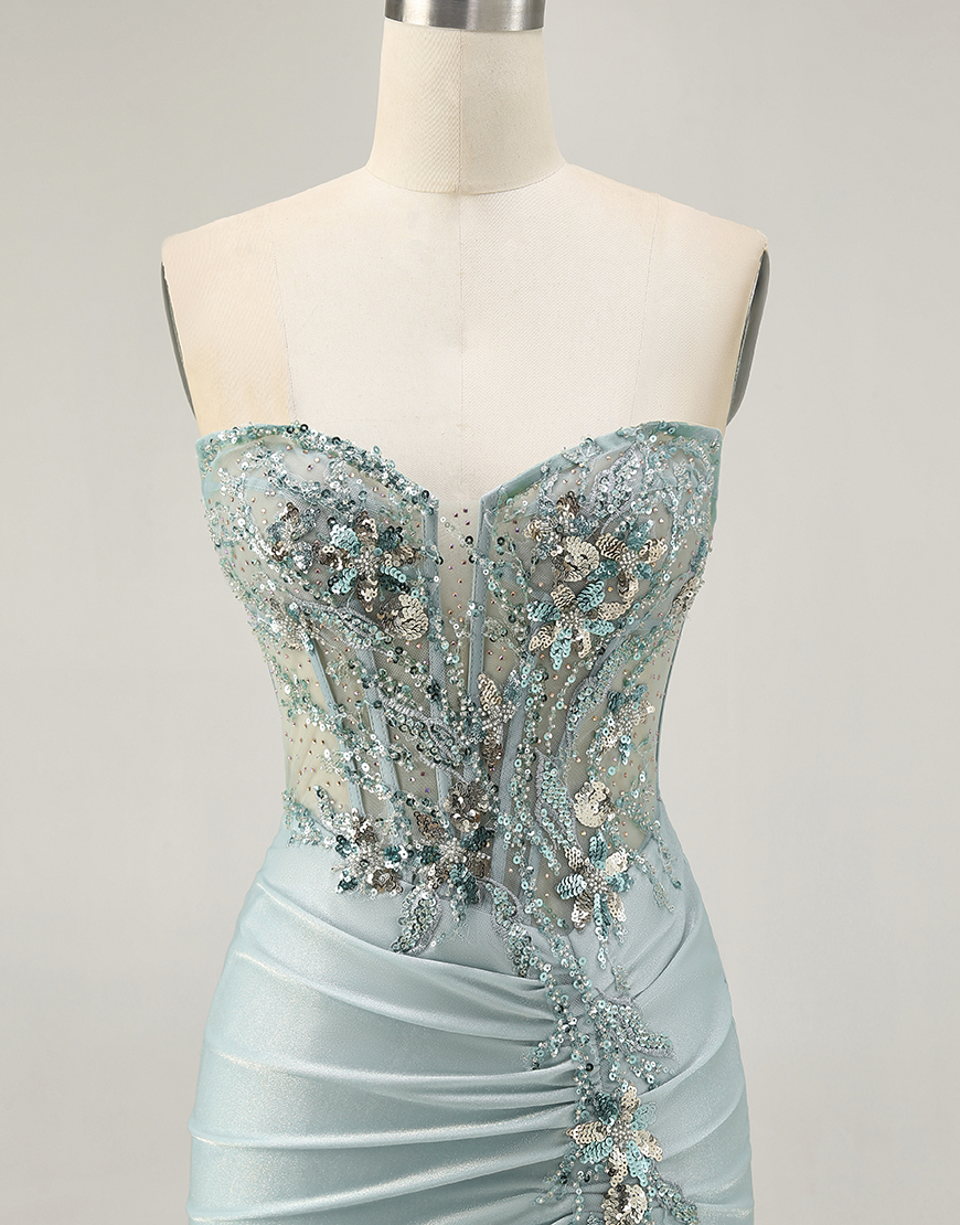 Sparkly Grey Green Tight Short Corset Homecoming Dress with Beading