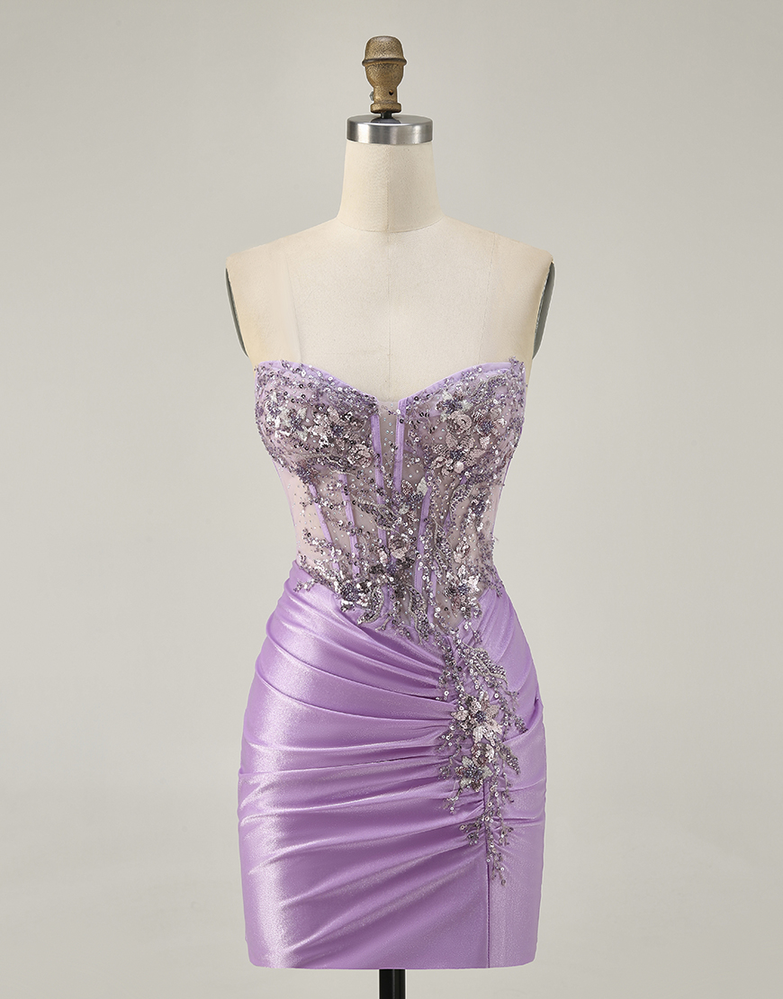 Sparkly Lilac Satin Bodycon Corset Short Homecoming Dress with Beading