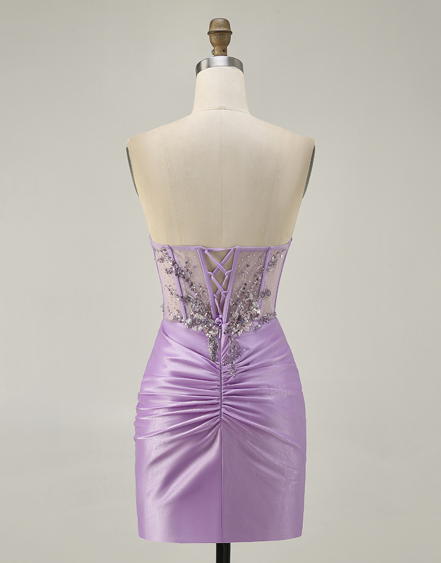 Sparkly Lilac Satin Bodycon Corset Short Homecoming Dress with Beading