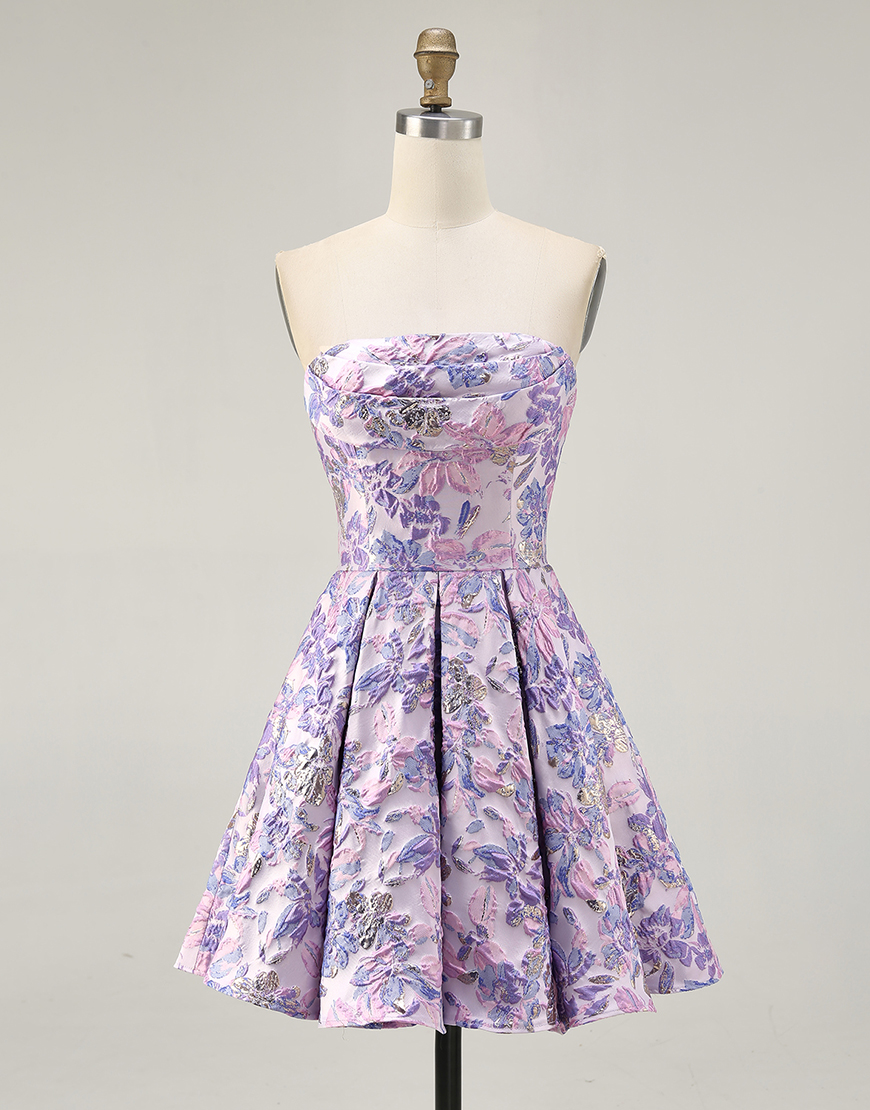 Lilac Floral Strapless Ruched Short A-Line Homecoming Dress
