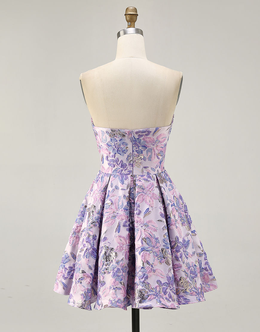 Lilac Floral Strapless Ruched Short A-Line Homecoming Dress