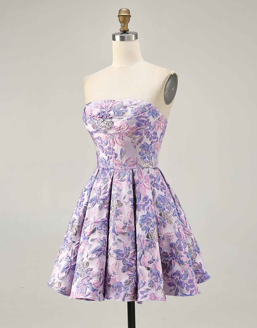 Lilac Floral Strapless Ruched Short A-Line Homecoming Dress