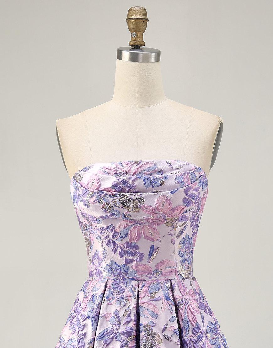 Lilac Floral Strapless Ruched Short A-Line Homecoming Dress