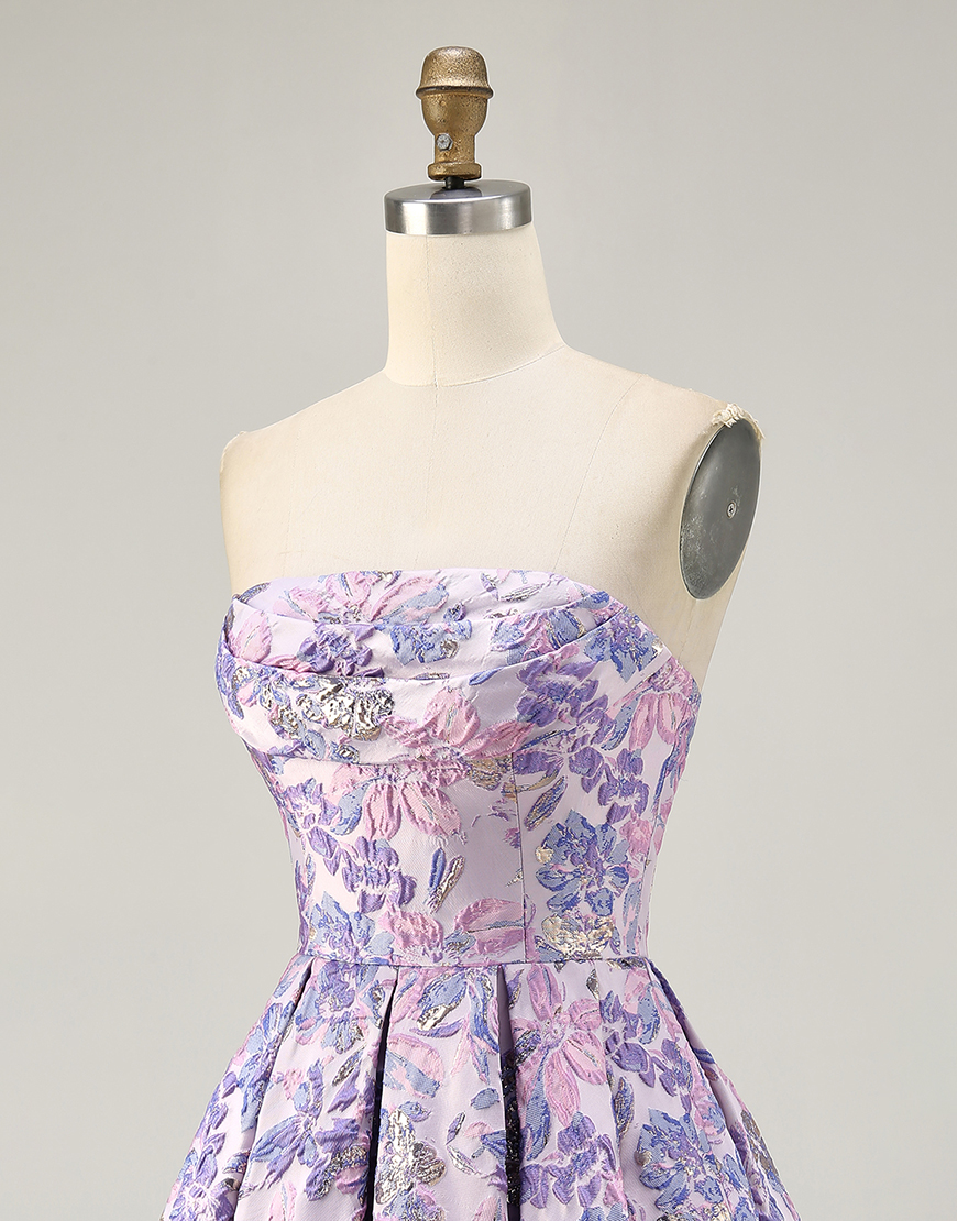Lilac Floral Strapless Ruched Short A-Line Homecoming Dress