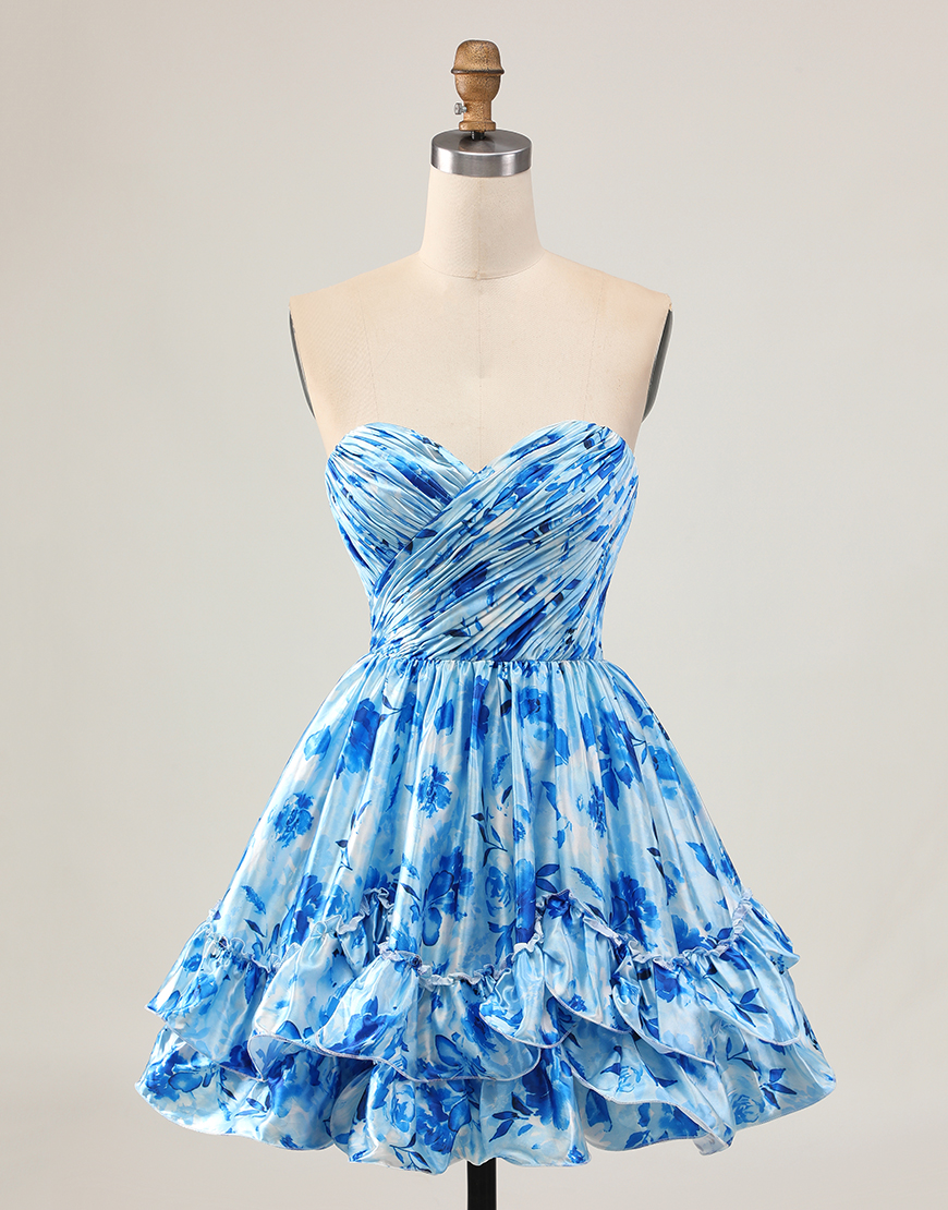 Blue Floral Sweetheart Tiered Short A-Line Homecoming Dress