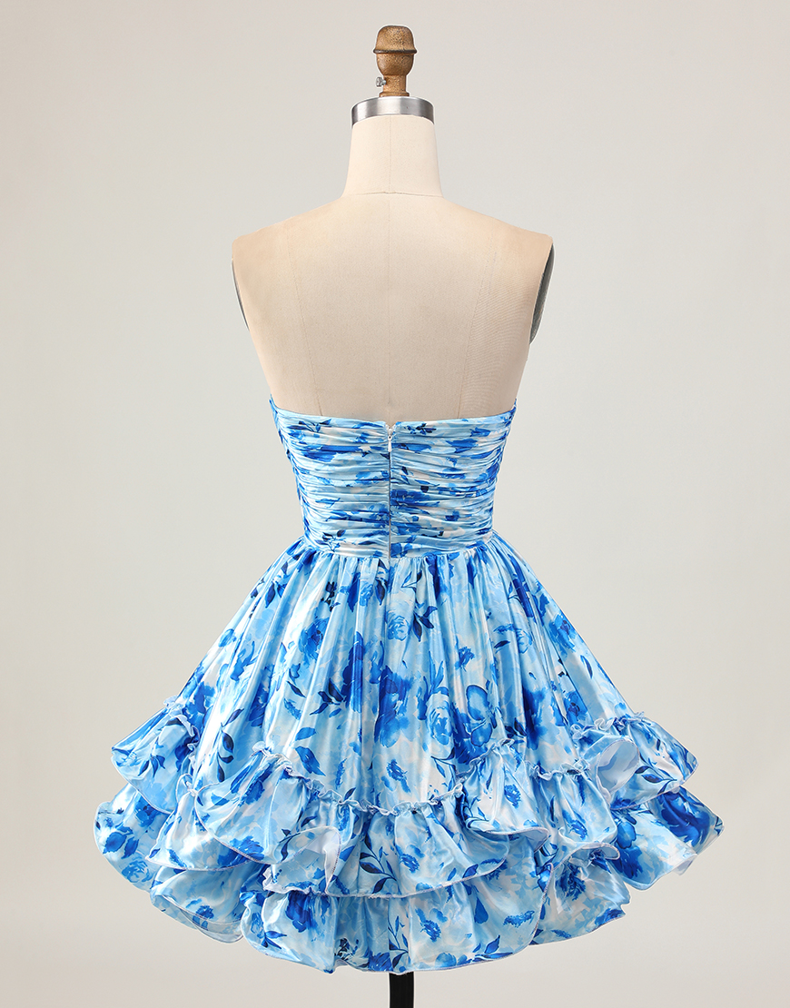 Blue Floral Sweetheart Tiered Short A-Line Homecoming Dress