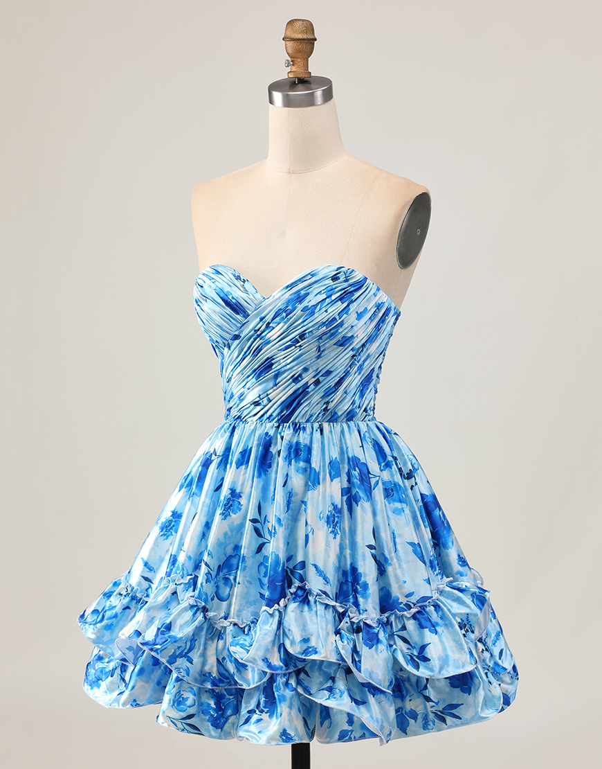 Blue Floral Sweetheart Tiered Short A-Line Homecoming Dress