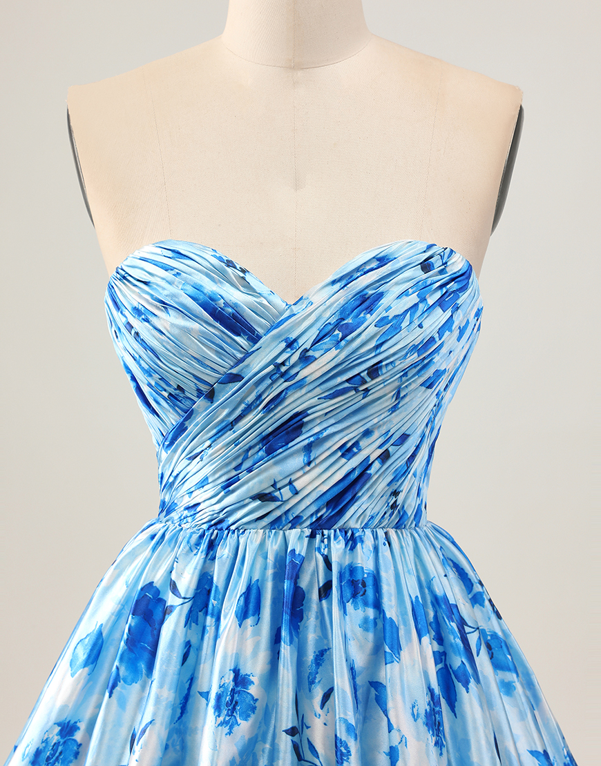 Blue Floral Sweetheart Tiered Short A-Line Homecoming Dress