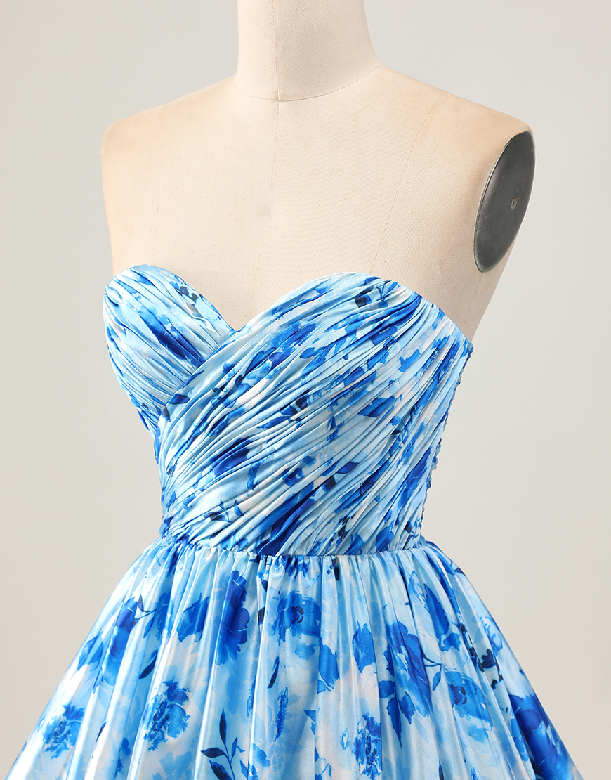 Blue Floral Sweetheart Tiered Short A-Line Homecoming Dress