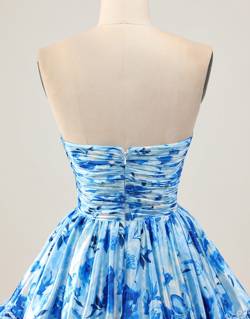 Blue Floral Sweetheart Tiered Short A-Line Homecoming Dress