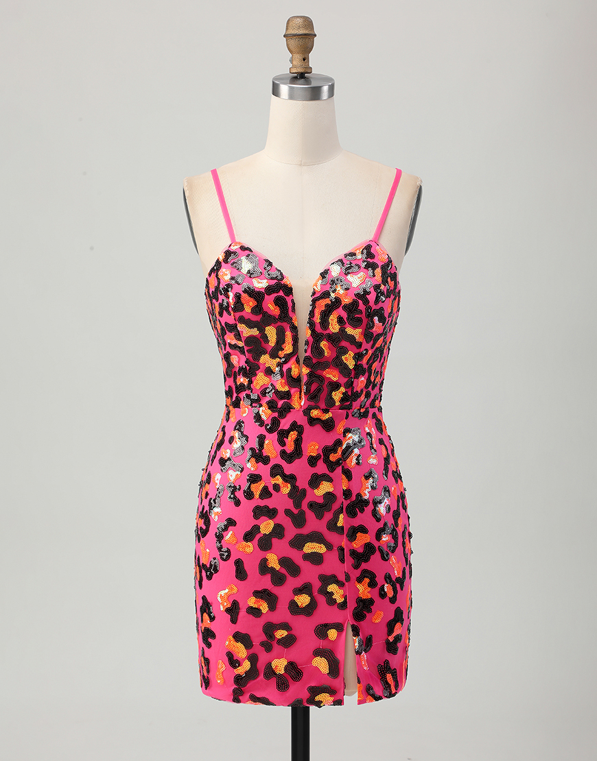 Sparkly Fuchsia Leopard Sequin Spaghetti Straps Short Homecoming Dress