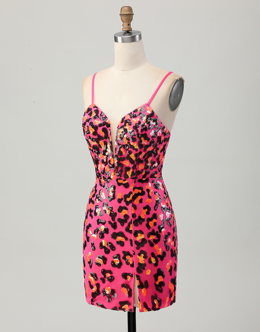 Sparkly Fuchsia Leopard Sequin Spaghetti Straps Short Homecoming Dress