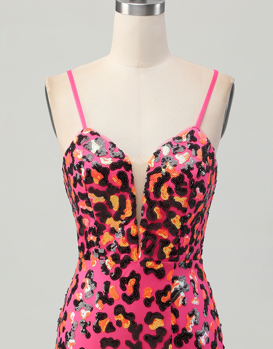 Sparkly Fuchsia Leopard Sequin Spaghetti Straps Short Homecoming Dress
