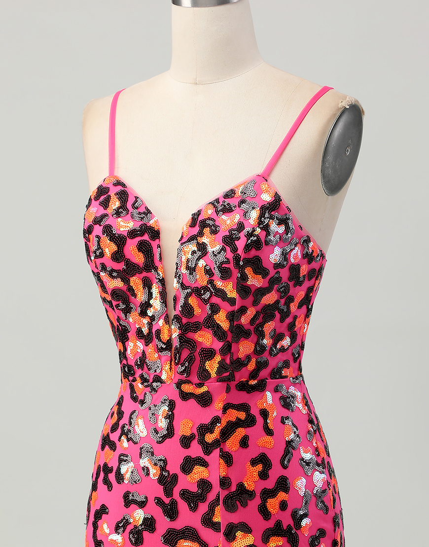 Sparkly Fuchsia Leopard Sequin Spaghetti Straps Short Homecoming Dress