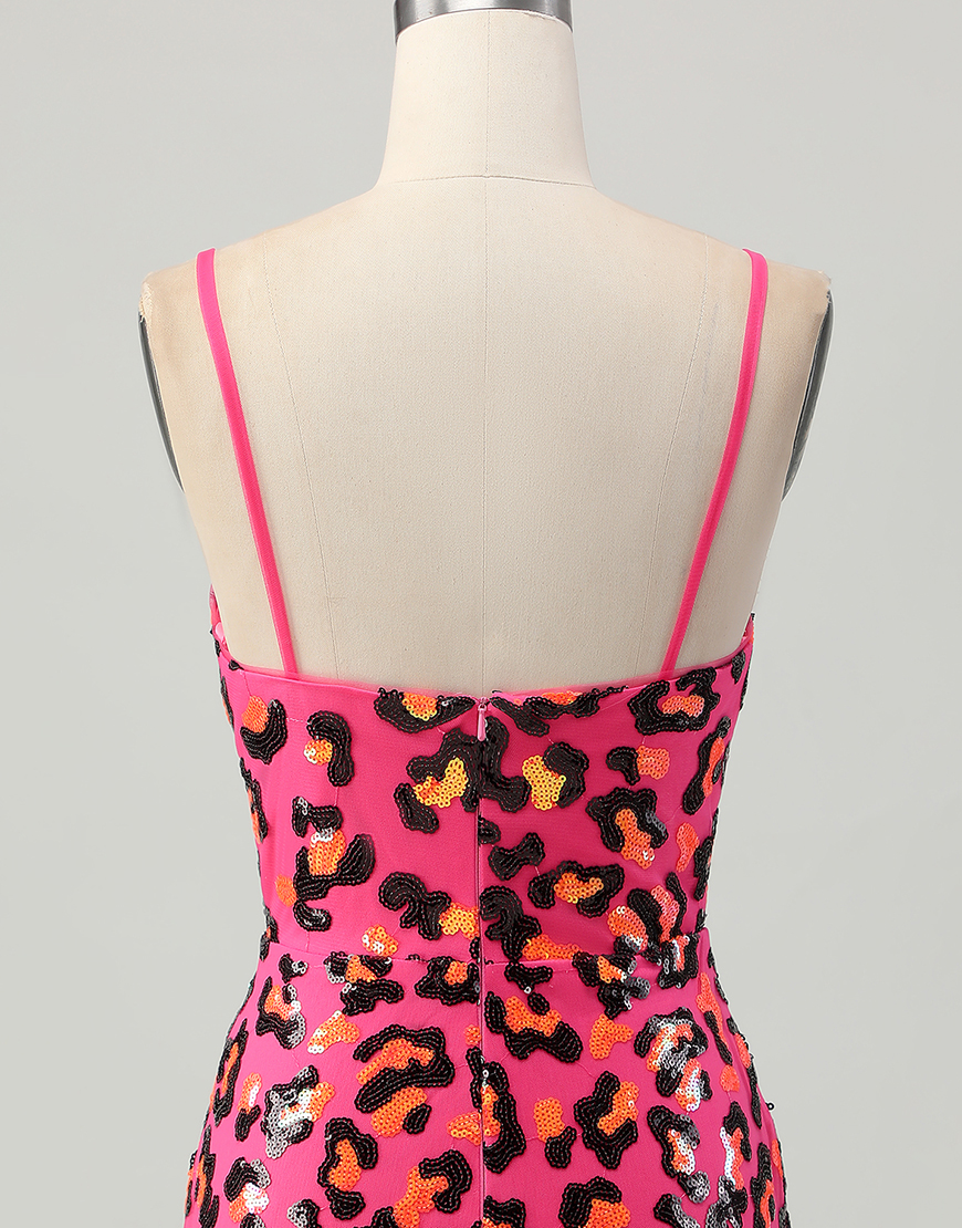 Sparkly Fuchsia Leopard Sequin Spaghetti Straps Short Homecoming Dress