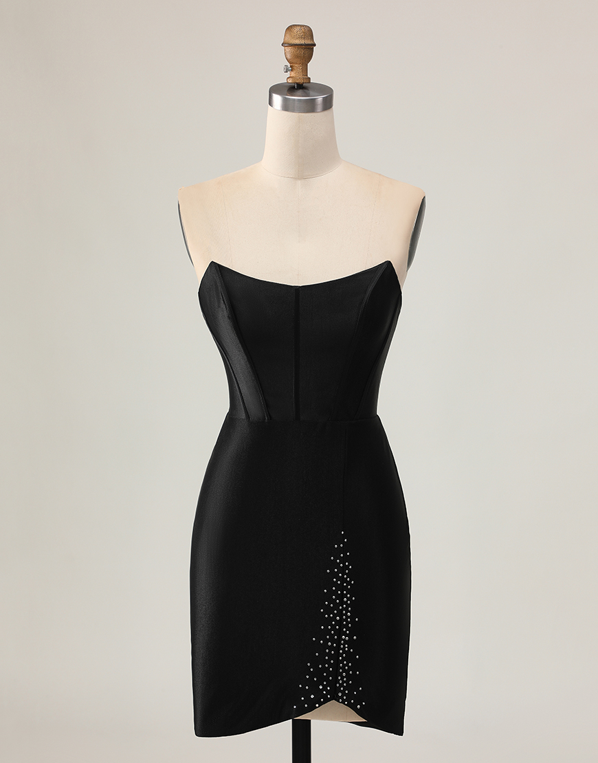 Black Strapless Satin Short Corset Tight Homecoming Dress with Beading
